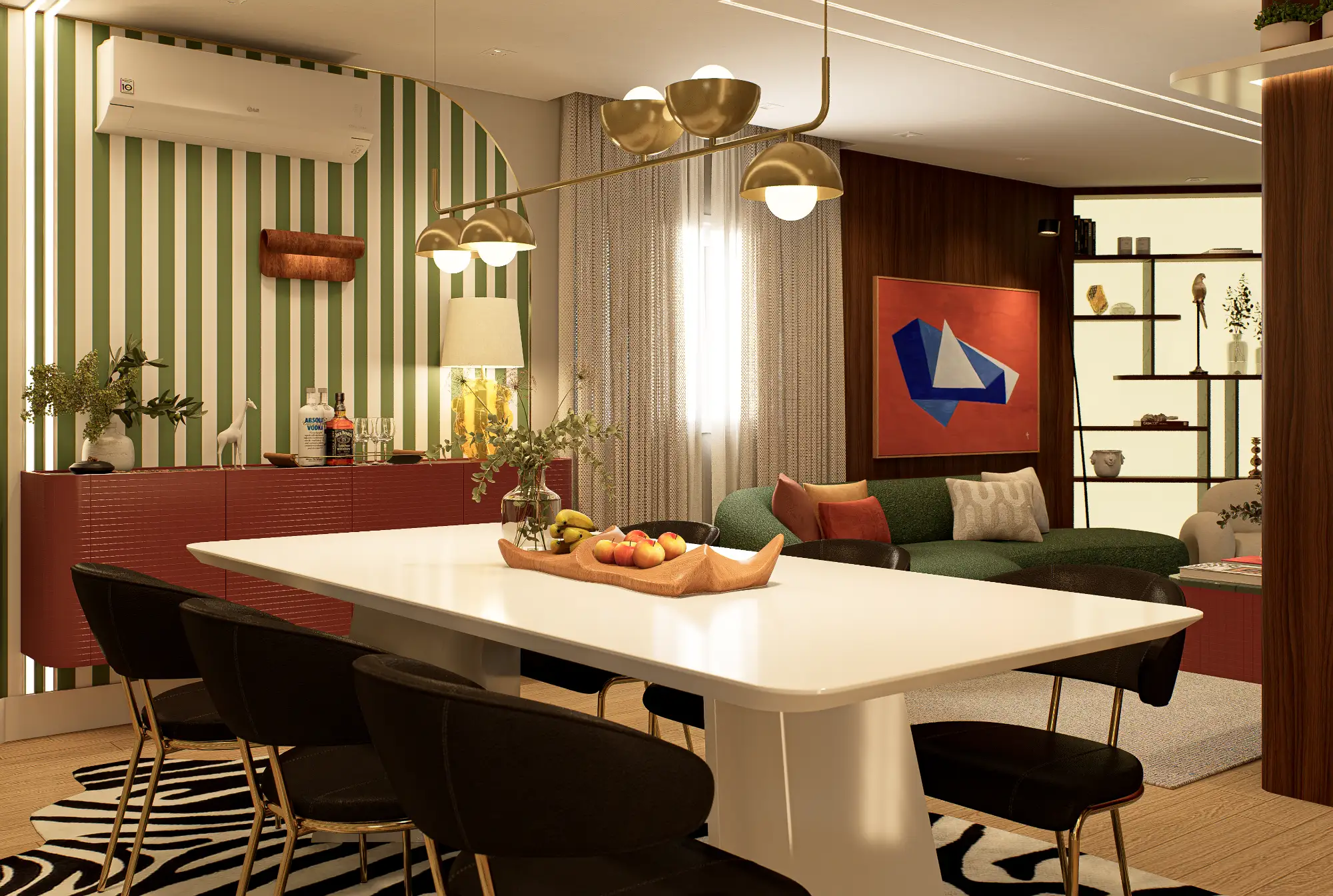 Sala de estar com sofá curvo, iluminação indireta e design contemporâneo