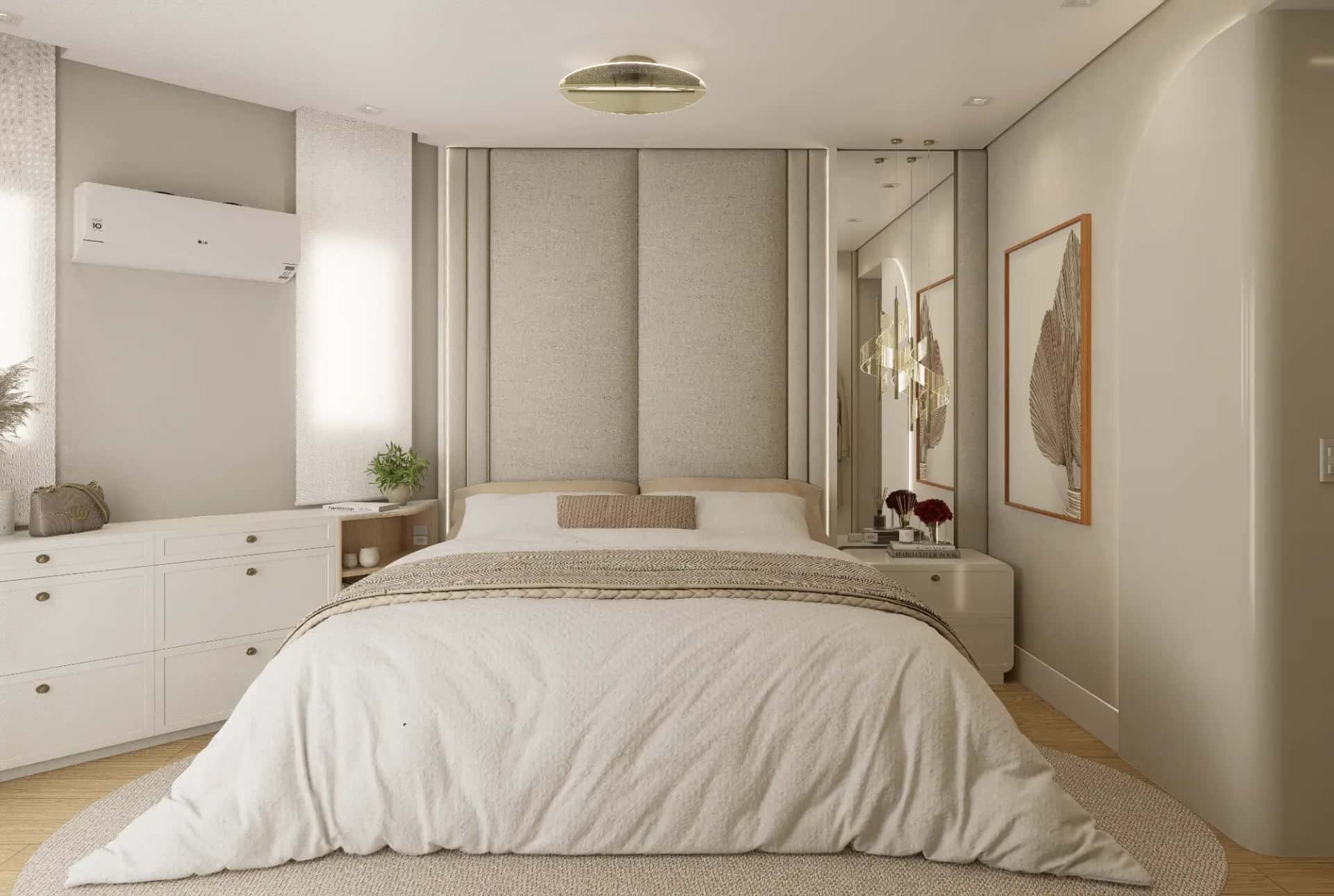 Suíte contemporânea com painel estofado e iluminação suave assinada por arquiteto em Itapema