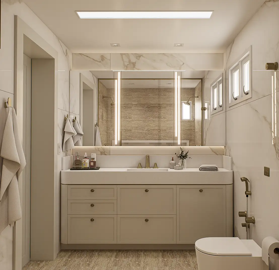 Lavabo com papel de parede tropical e bancada em pedra escura desenvolvido por arquiteto em Blumenau