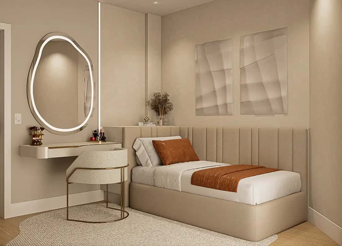 Lavabo com papel de parede tropical e bancada em pedra escura desenvolvido por arquiteto em Blumenau