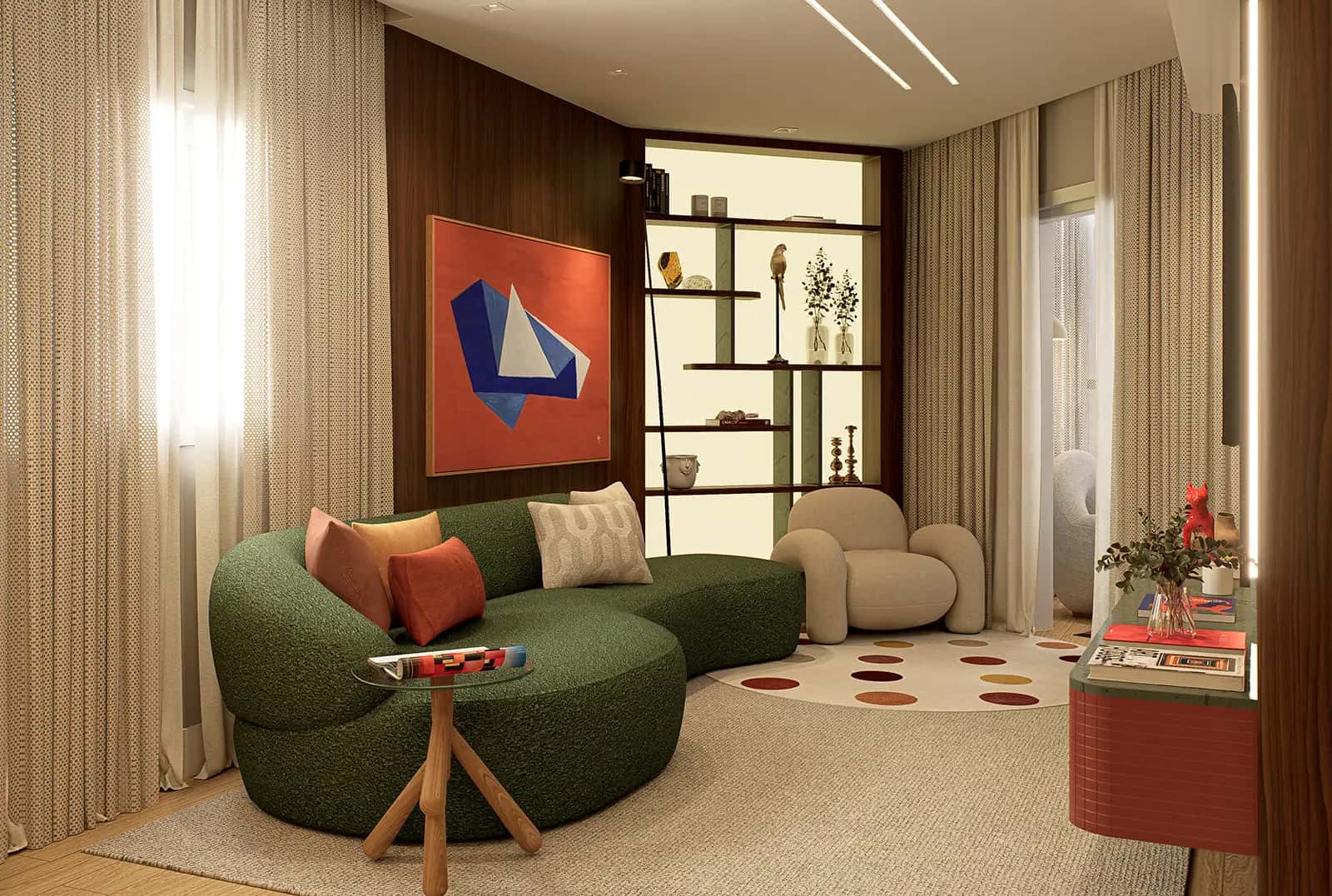 Sala de estar com sofá curvo e composição contemporânea projetada por arquiteto em Itapema