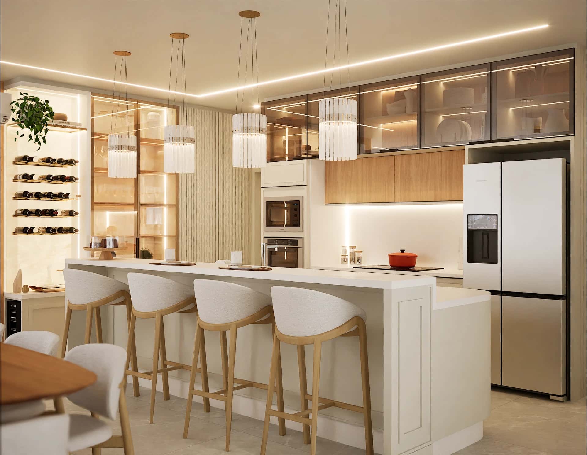 Cozinha planejada com ilha gourmet projeto de arquiteto em Itajaí com iluminação moderna e marcenaria sofisticada